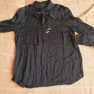 NWOT Zara Woman Black/White Micro Dot Bow Blouse Size XS Dark Academia/Romantic